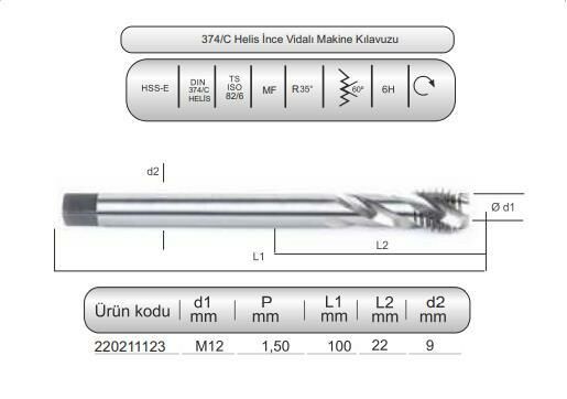 HSSE DIN374/C HELİS MAK.KLVZ. M12x1,5 (6H)