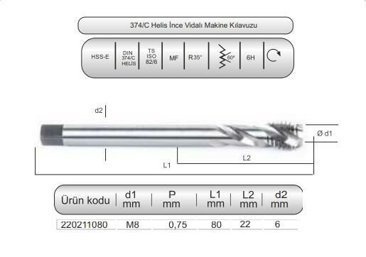 HSSE DIN374/C HELİS MAK.KLVZ. M8x0,75(6H)