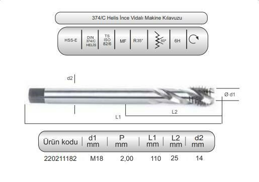 HSSE DIN374/C HELİS MAK.KLVZ. M18x2 (6H)