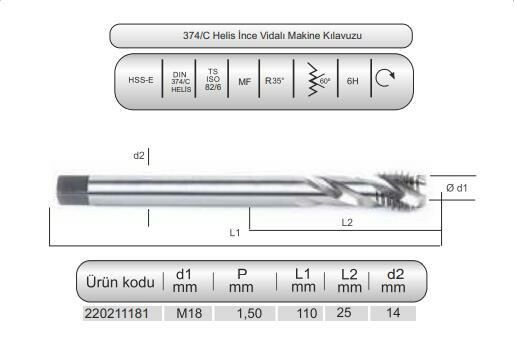 HSSE DIN374/C HELİS MAK.KLVZ. M18x1,5 (6H)